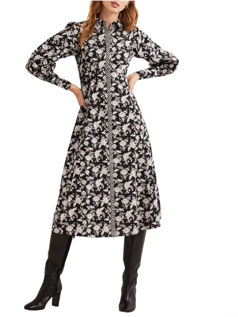 Boden Black Floral Midi Shirtdress